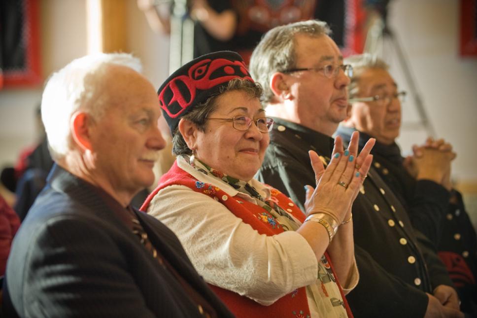 Then Commissioner Doug Phillips, and Adeline Webber Teslin Tlingit Council citizen, celebrate the signing of the Administration of Justice Agreement in February 2011.