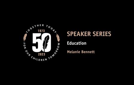50th anniversary emblem and text about speaker series