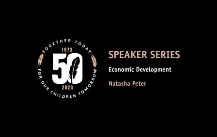 50th anniversary emblem and text about speaker series