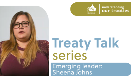 Speaker graphic for the Treaty Talk Series featuring heena Johns, sharing experiences with Yukon treaty negotiations as part of The Gordon Foundation’s Understanding Our Treaties initiative.