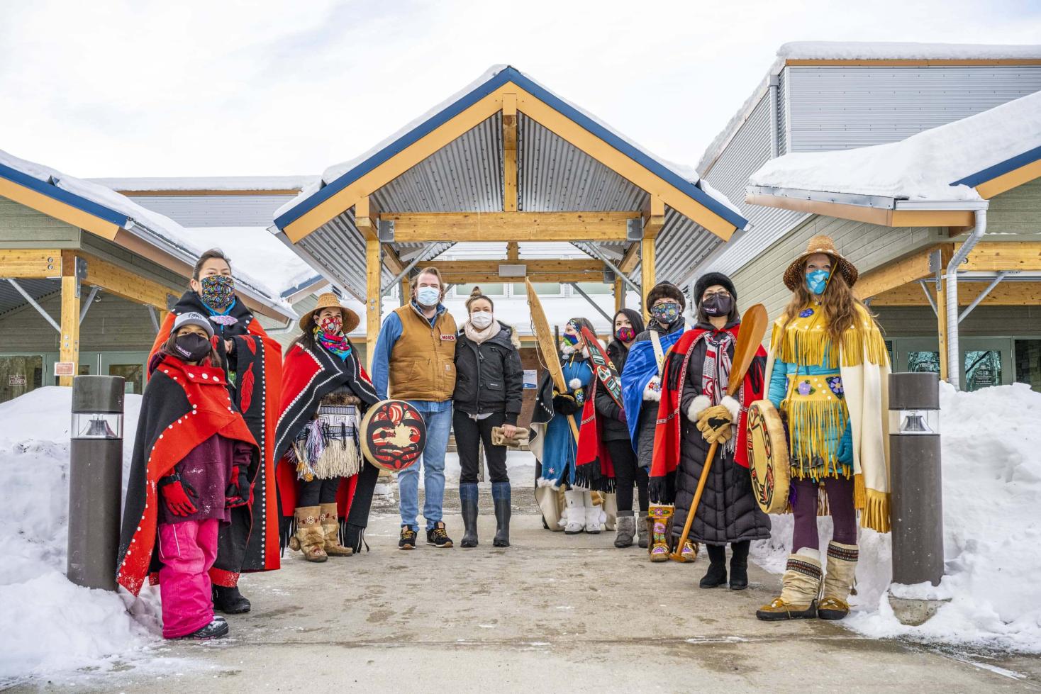 Dakwäkäda Dancers welcome vaccine team to Da Kų Culture Centre in Haines Junction